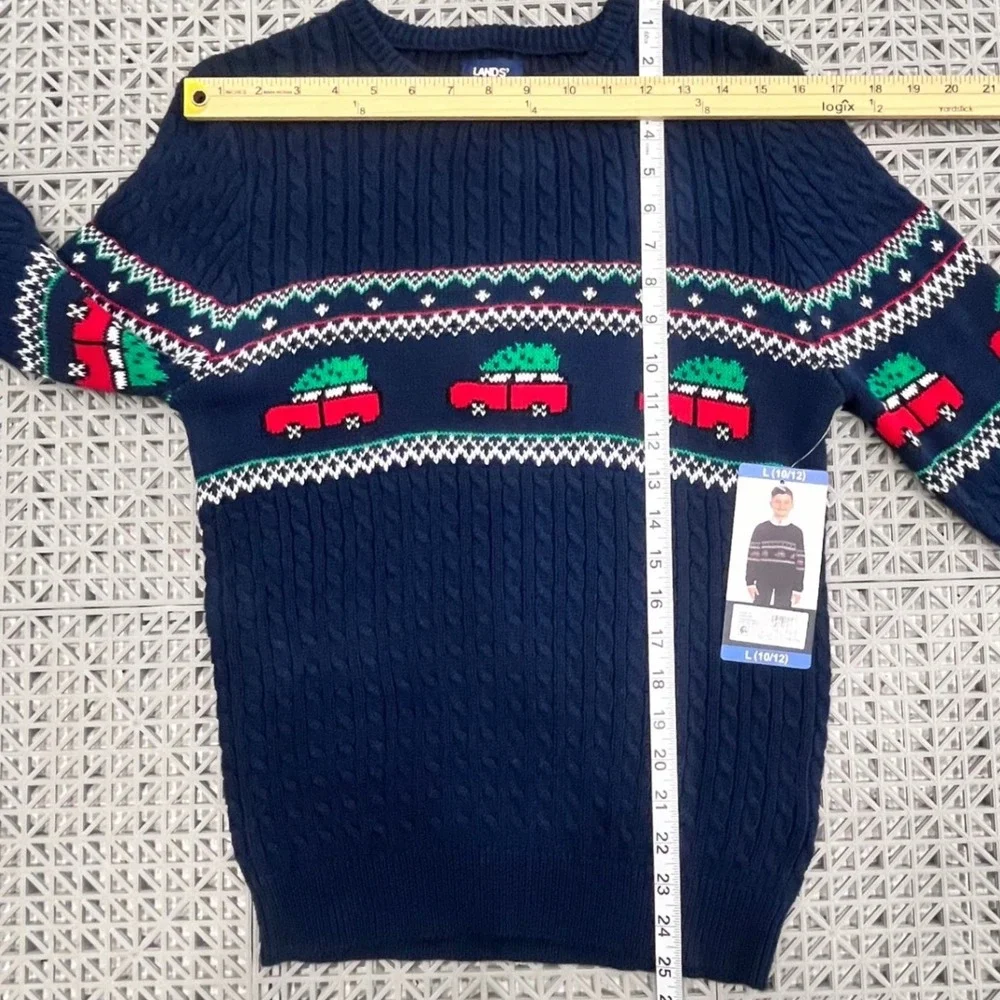NWT‎ Lands End Kids Boys Sweater Large 10-12 Navy Christmas Tree Truck Holiday